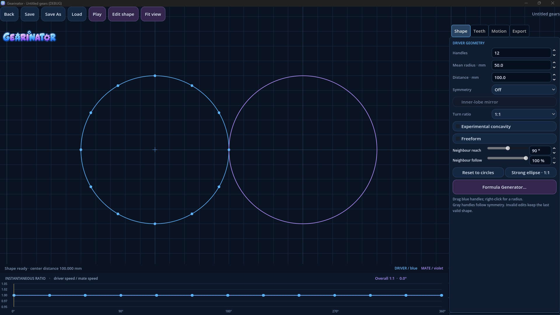 External gear-pair editor showing two adjustable circular gears and an instantaneous-ratio graph