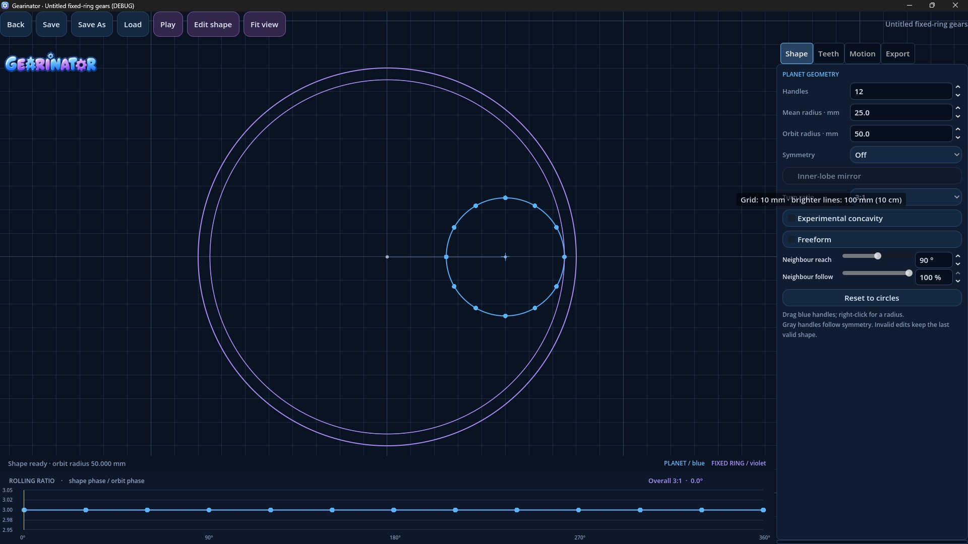 Fixed-ring gear editor showing an adjustable planet inside a stationary circular ring