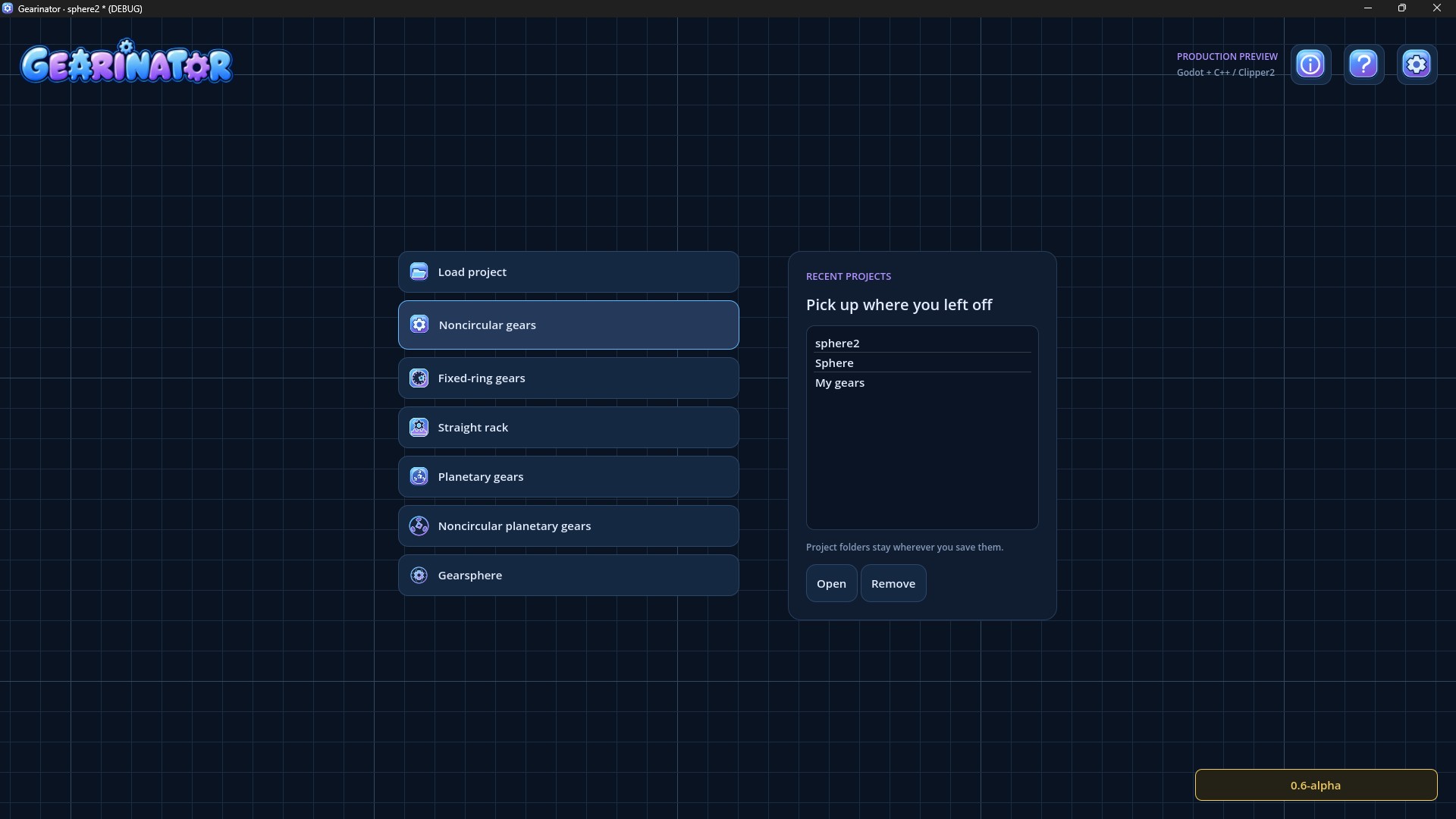 Gearinator start menu showing all available gear generators and recent projects
