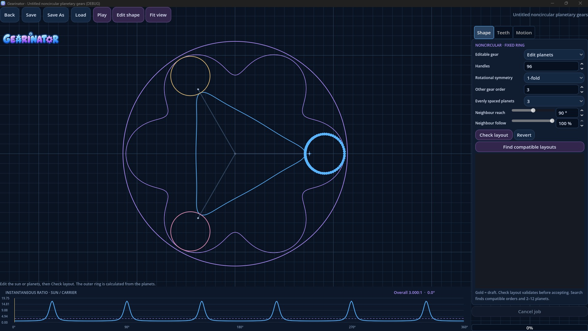 Noncircular planetary layout editor with an adjustable three-lobed centre gear and three planets