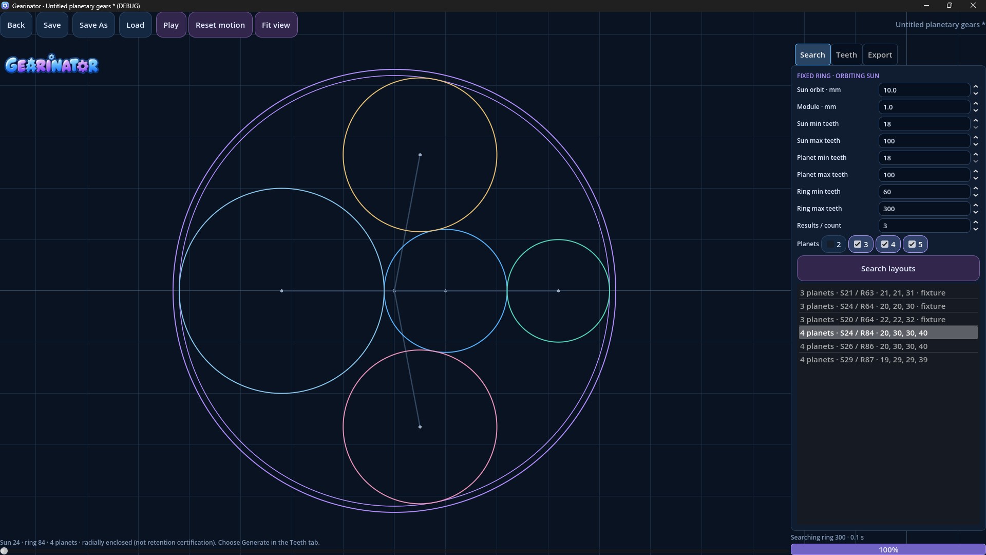 Circular planetary gear search showing an orbiting sun and four candidate planets in a fixed ring