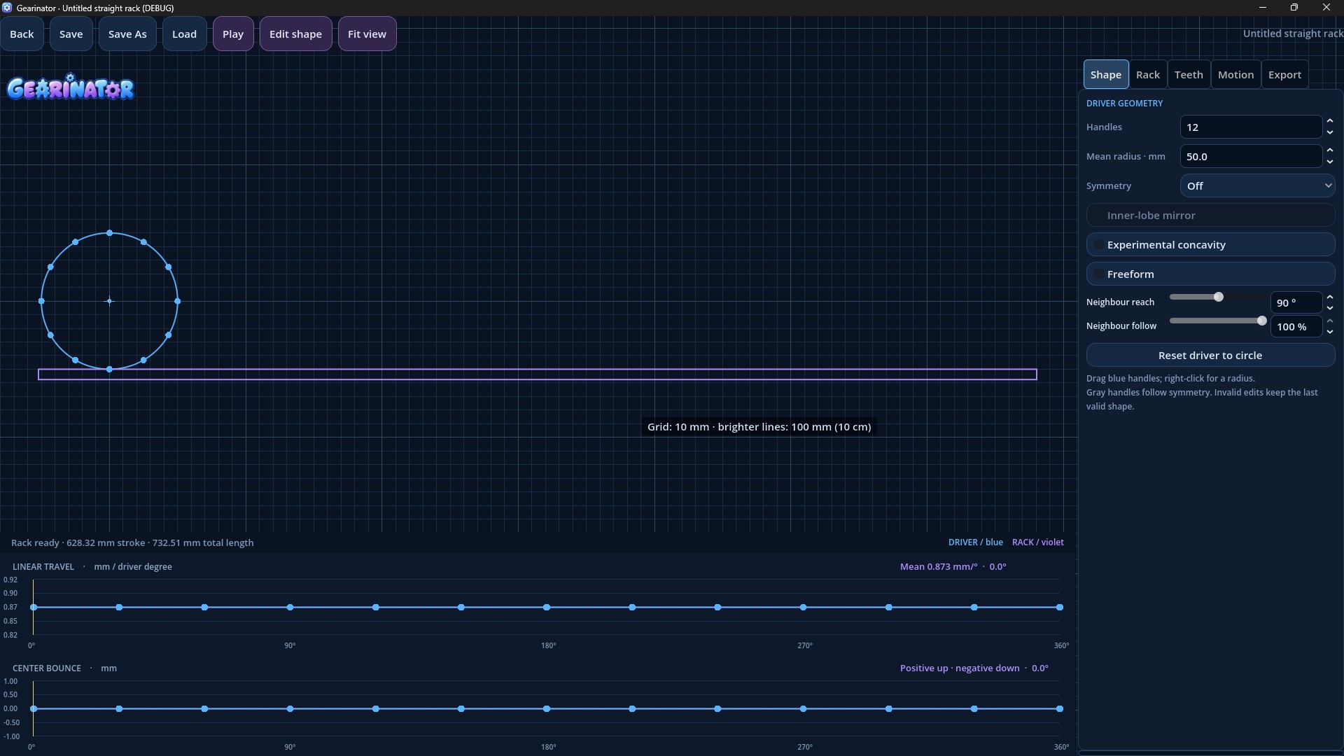 Straight rack editor showing an adjustable driver, rack, and linear-travel graph